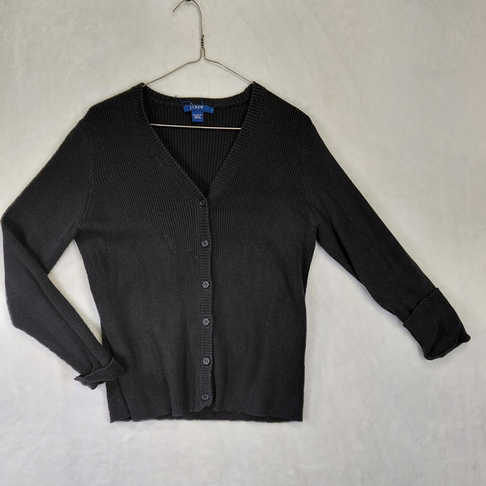 Vintage J.Crew Womens Large Black Ribbed Cotton V-Neck Button Front Cardigan